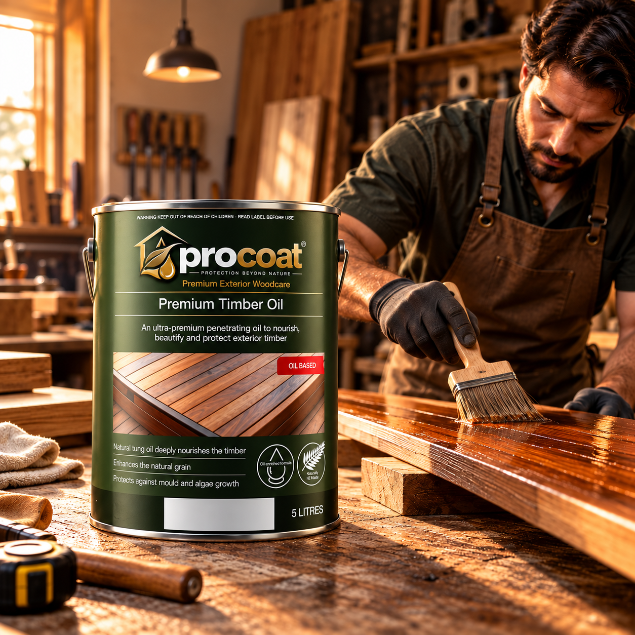 Timber oil being applied in a workshop
