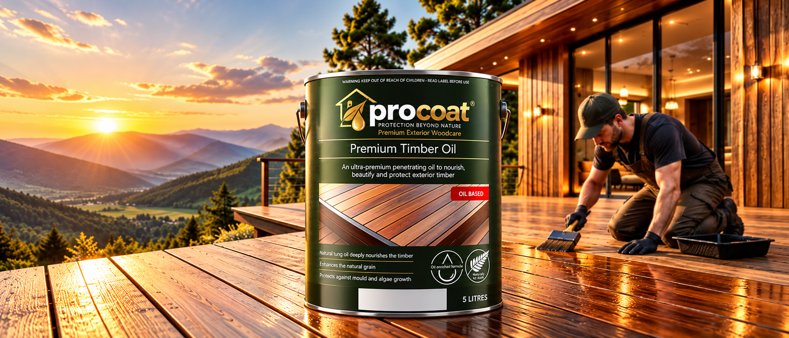 Timber deck at sunset overlooking the hills